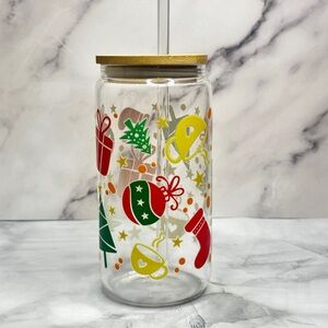 Holiday Glass Jar with Festive Designs and Wooden Lid